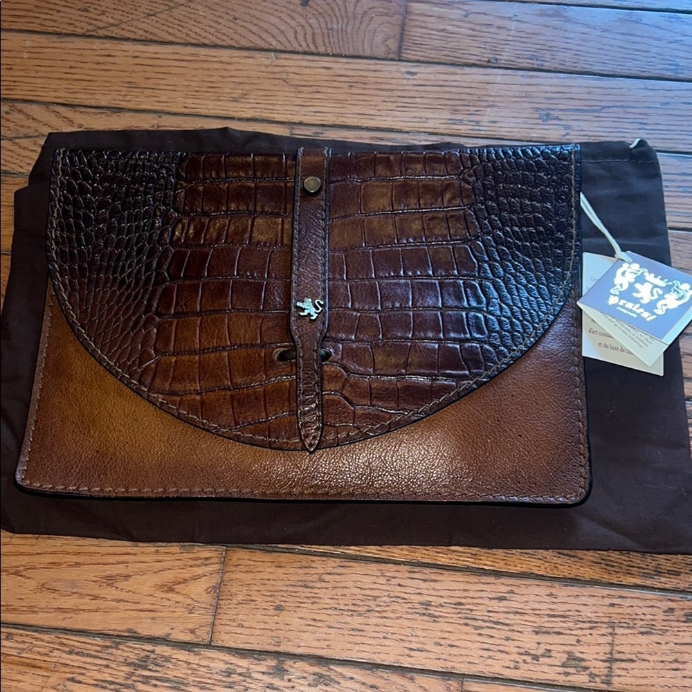 Pratesi Brown Leather Large Flap Envelope Pouch Croc Embossed